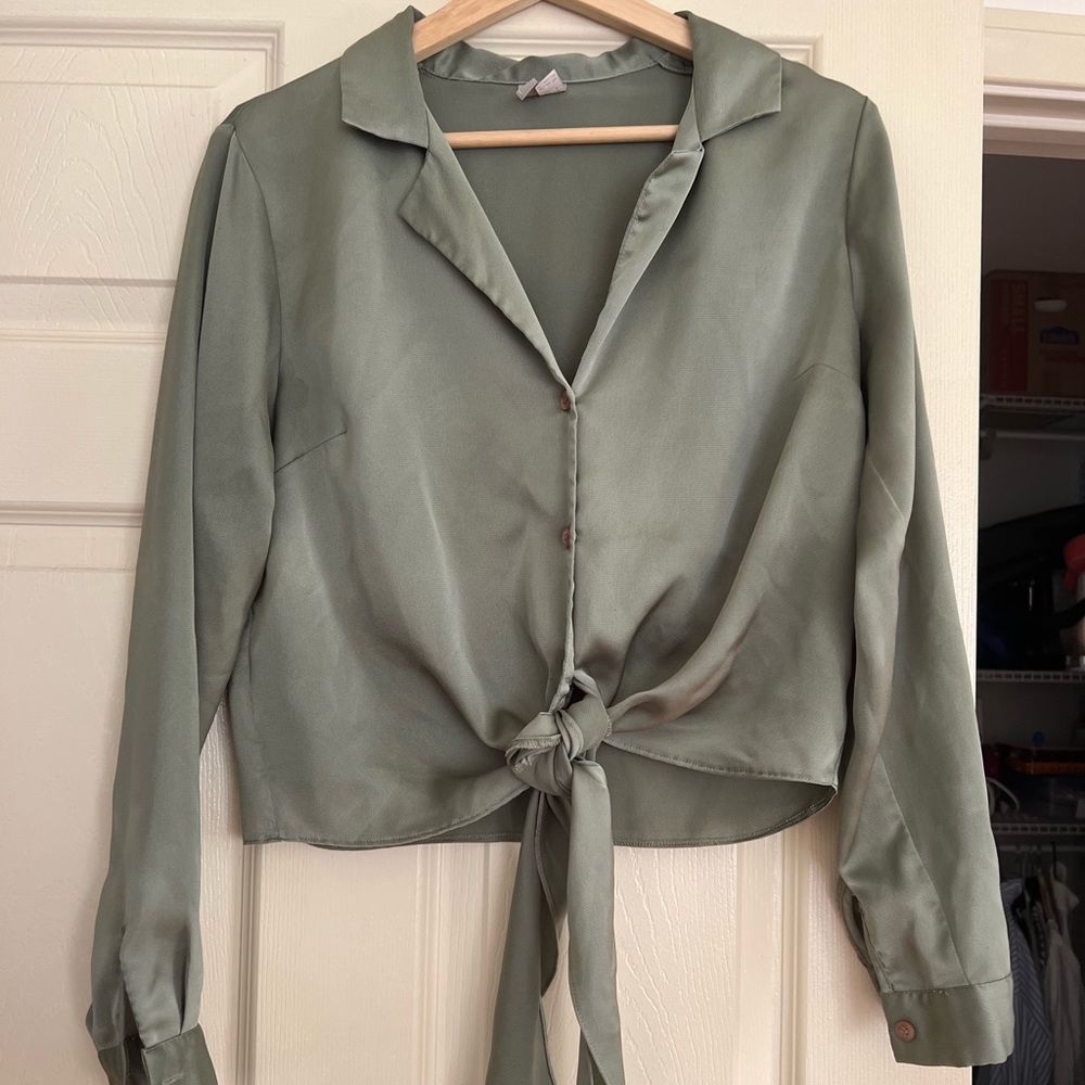 ASOS Front Tie Green Silk Top